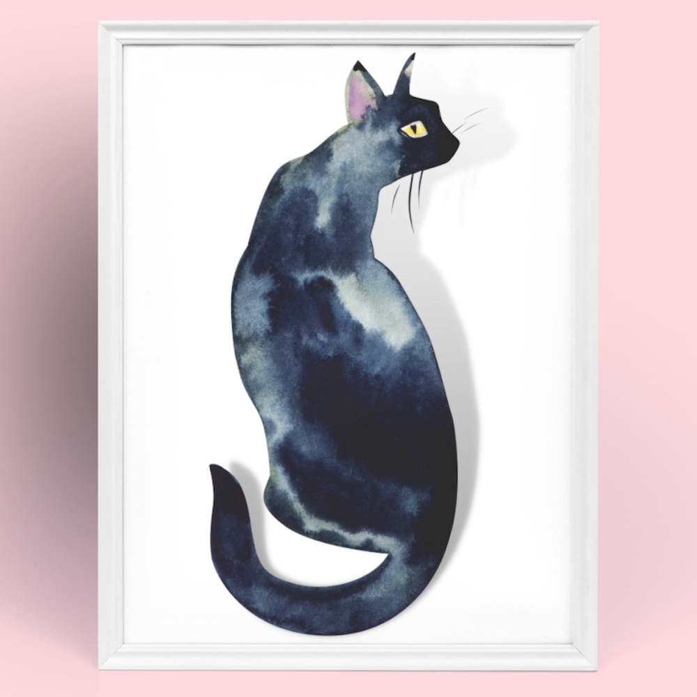 Watercolor Black Cat Portrait Wall Art Print Poster Unframed - Picture 1 of 16
